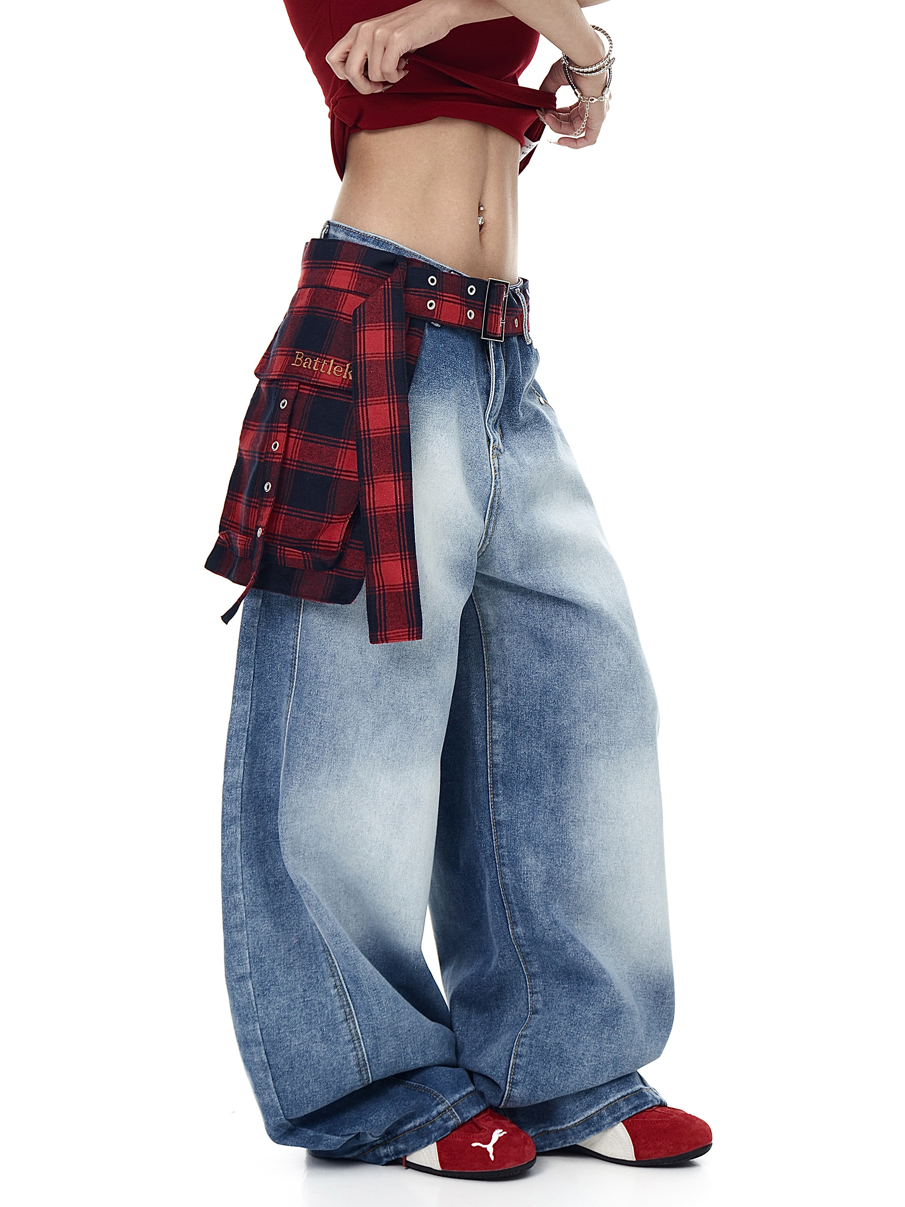 Detachable Plaid Wrap‑Belt Wide‑Leg Jeans