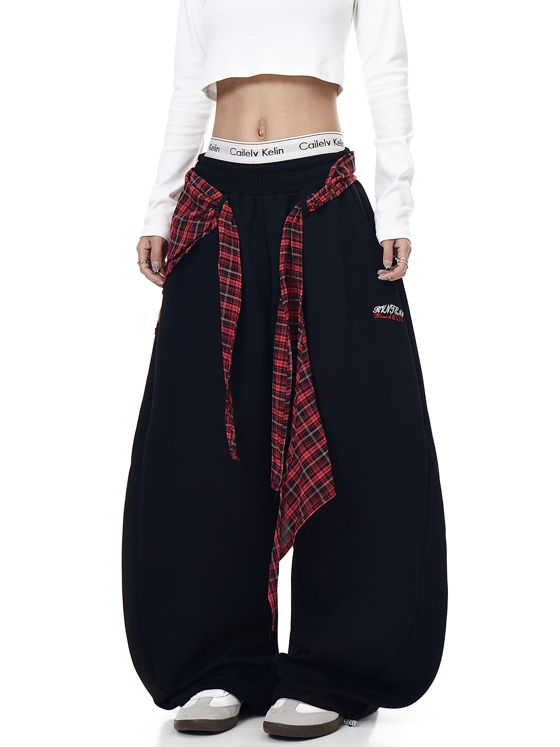Detachable Plaid Wrap Baggy Wide‑Leg Sweatpants