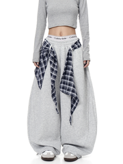 Detachable Plaid Wrap Baggy Wide‑Leg Sweatpants