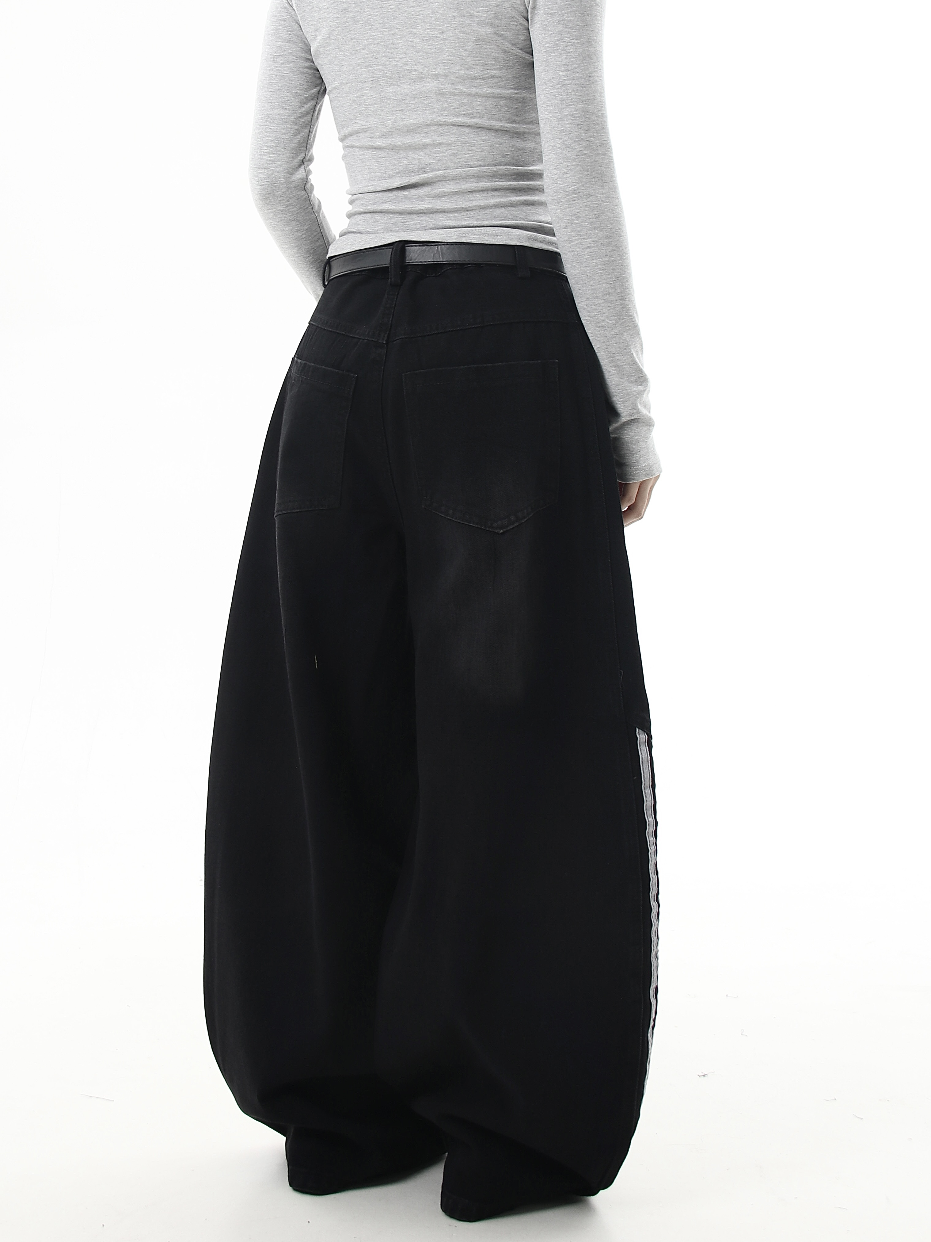 Deconstructed Triple‑Stripe Wide‑Leg Jeans