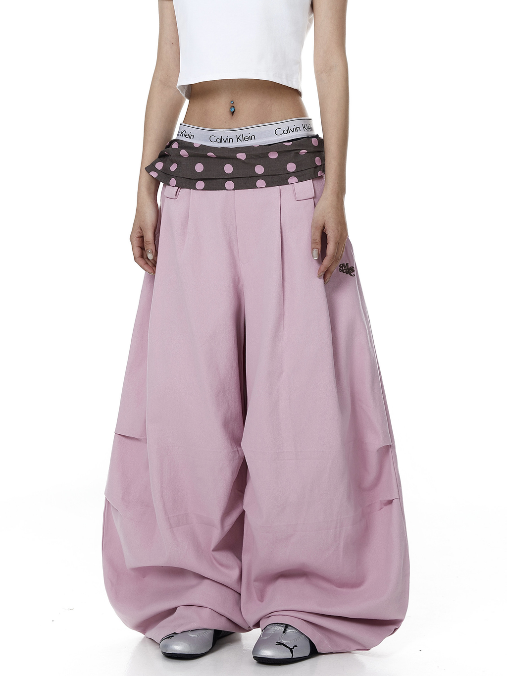 Polka Dot Fold-Over Waist Parachute Pants