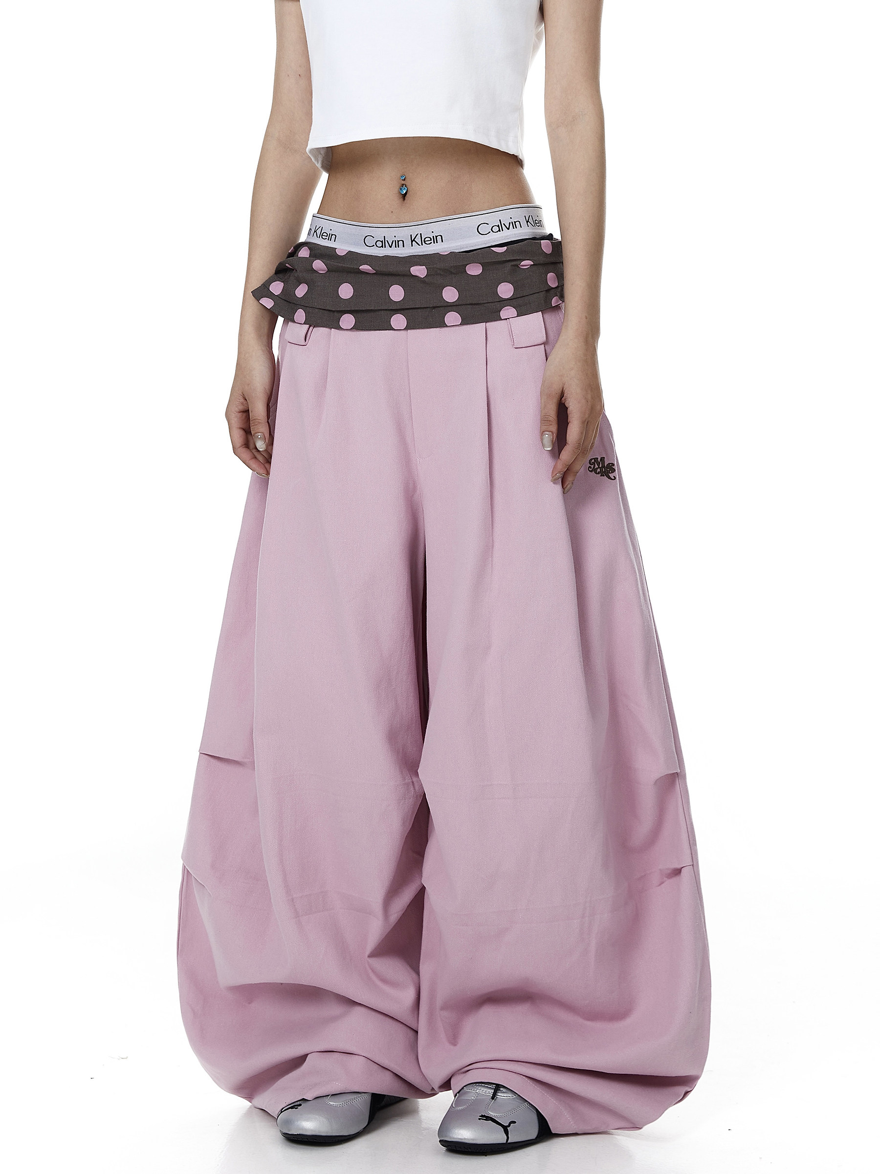 Polka Dot Fold-Over Waist Parachute Pants