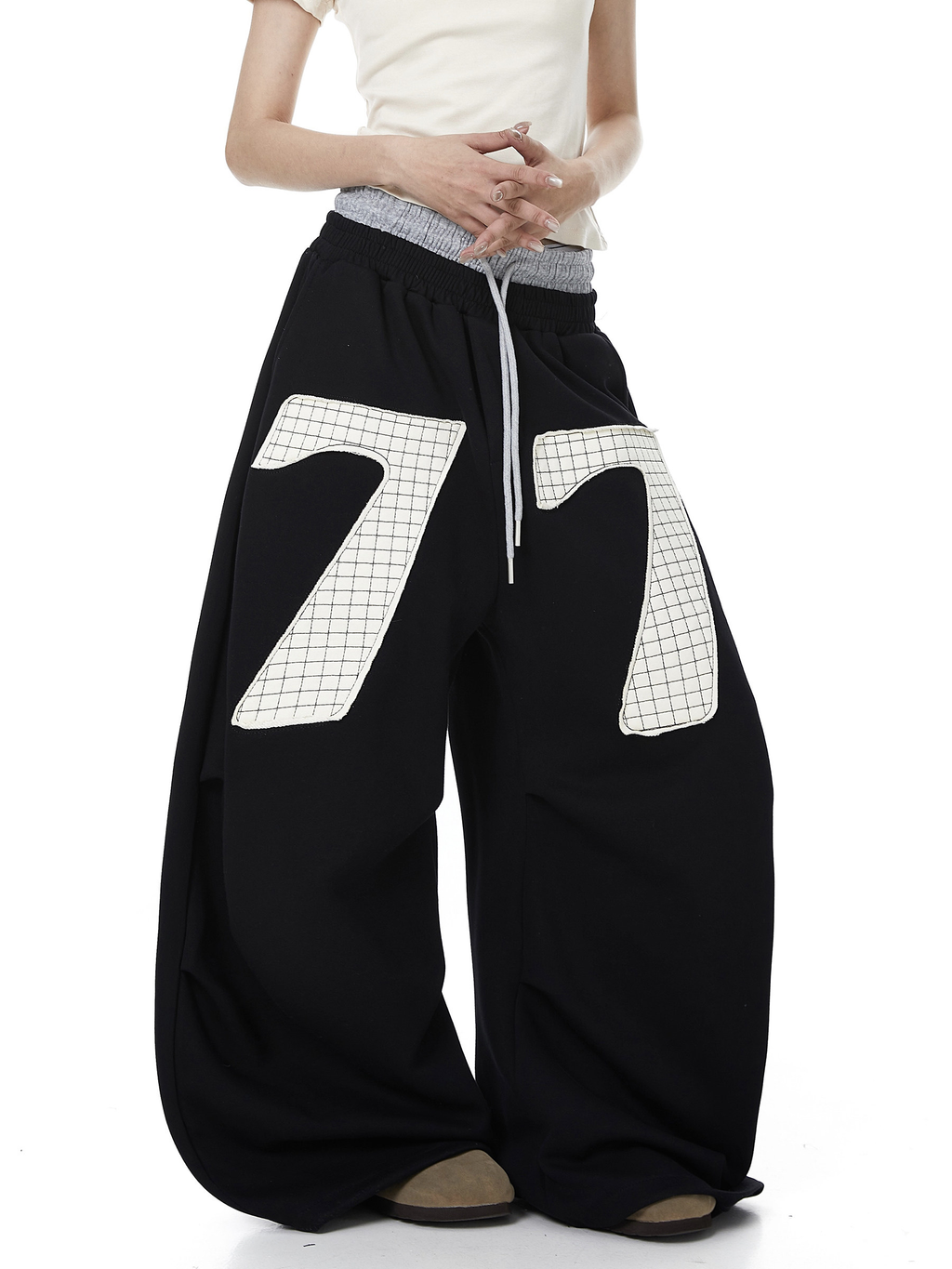 Contrast Patch Embroidered Double Waist Sweatpants