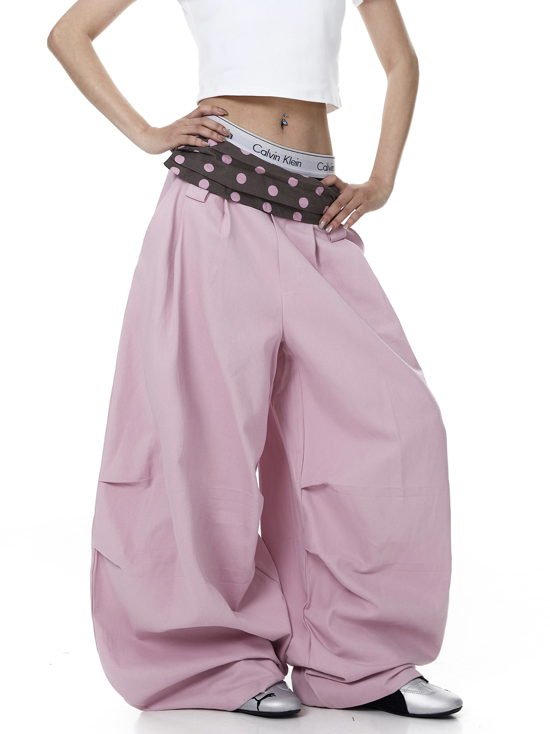 Polka Dot Fold-Over Waist Parachute Pants