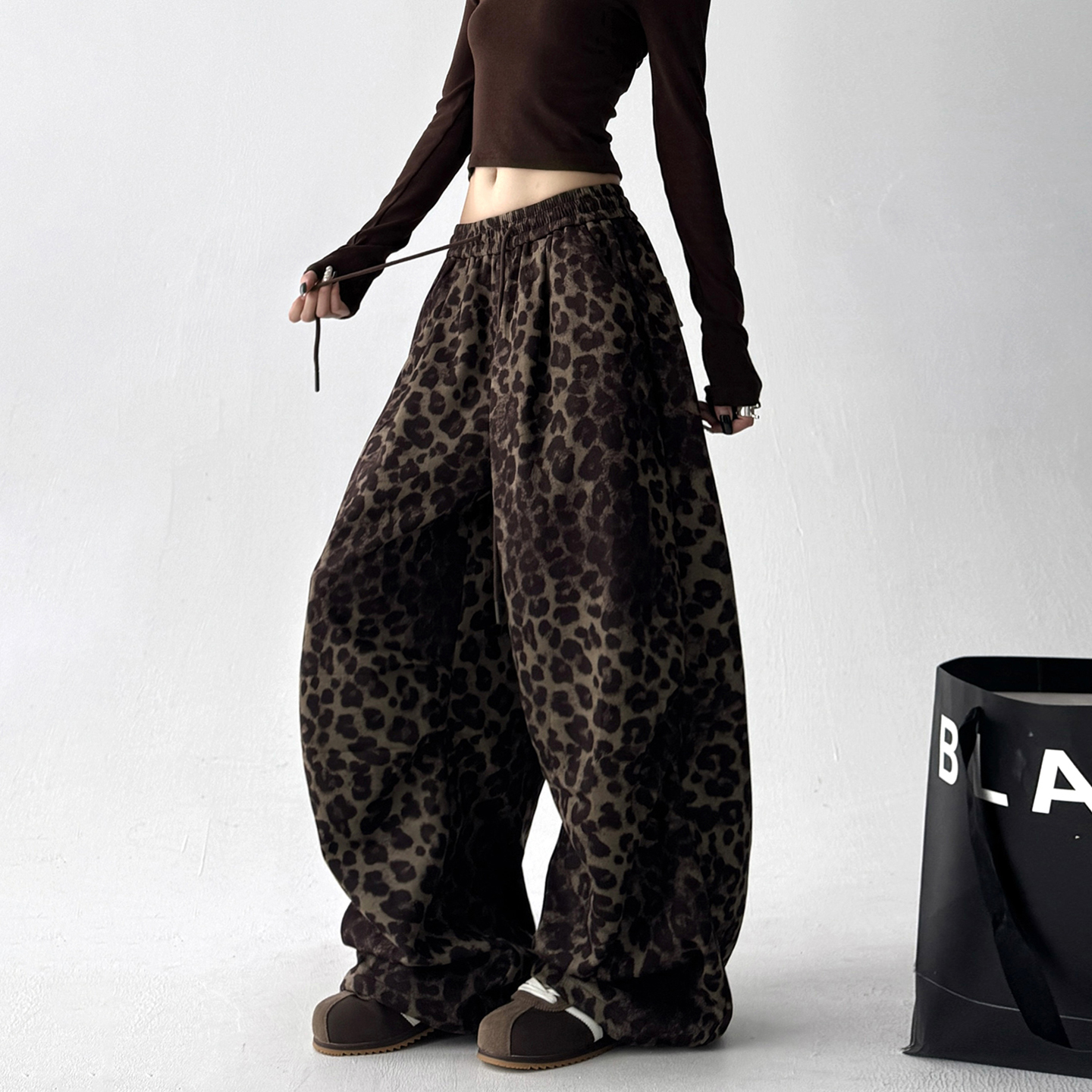 Leopard Print Drawstring Wide-Leg Pants