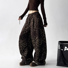Leopard Print Drawstring Wide-Leg Pants