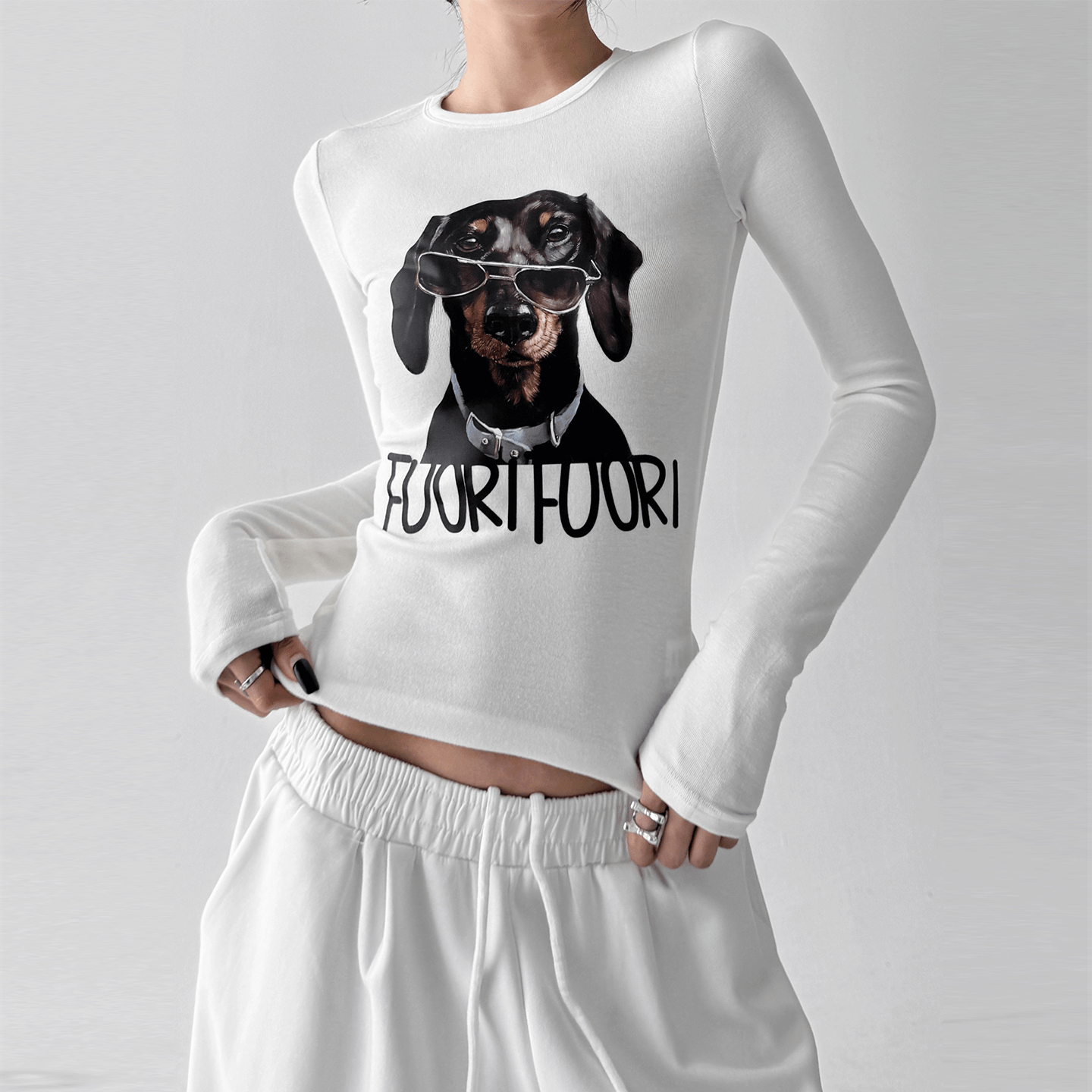 Dachshund Graphic Long - Sleeve Crop Tee - COPPING THREADS - CT Select