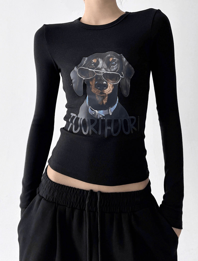 Dachshund Graphic Long - Sleeve Crop Tee - COPPING THREADS - CT Select