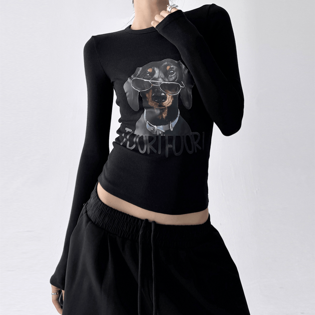 Dachshund Graphic Long - Sleeve Crop Tee - COPPING THREADS - CT Select