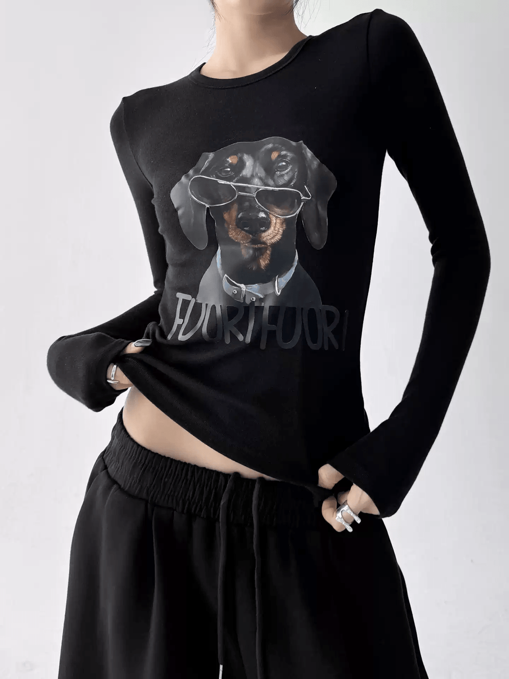 Dachshund Graphic Long - Sleeve Crop Tee - COPPING THREADS - CT Select