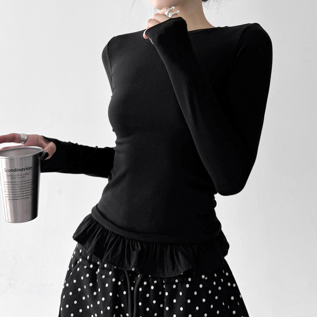 Ruffle Hem Fitted Long Sleeve Top - CT52154