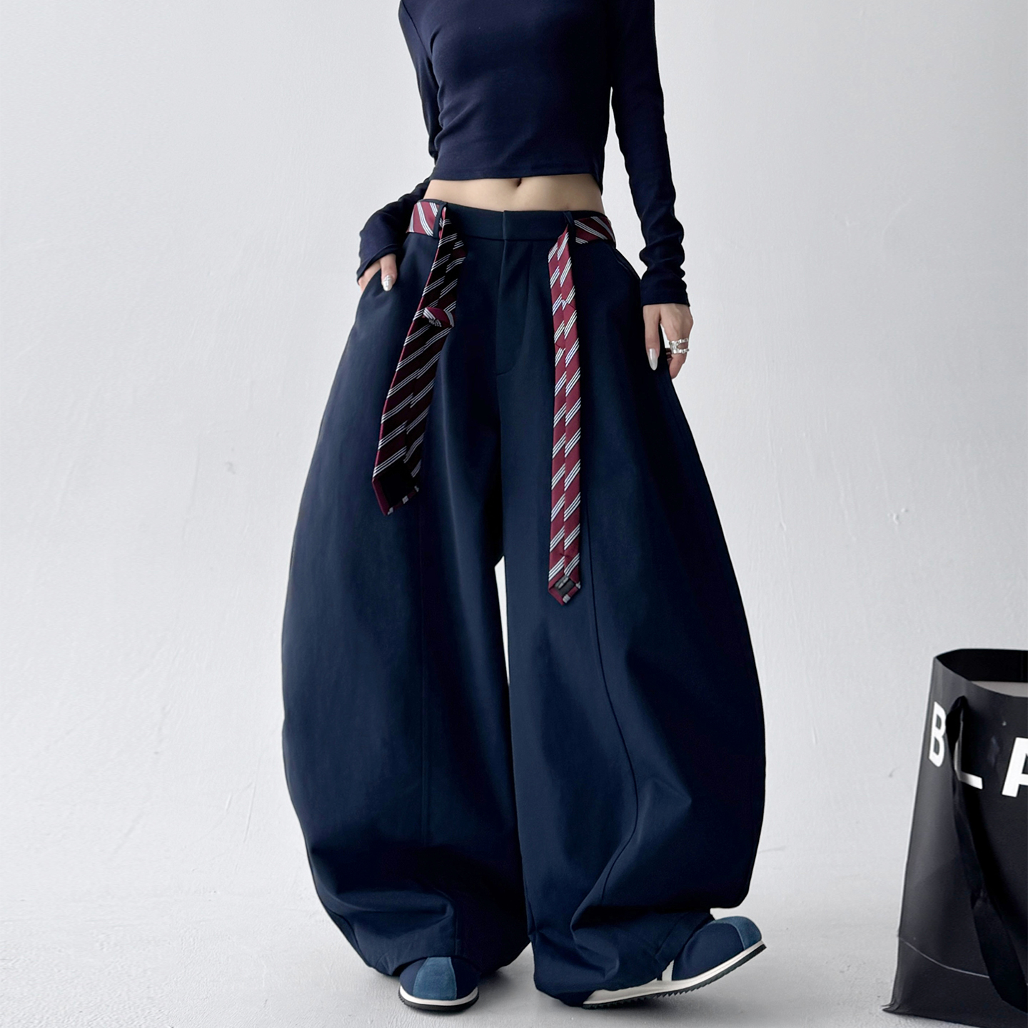 Detachable Tie Belt Wide-Leg Trousers