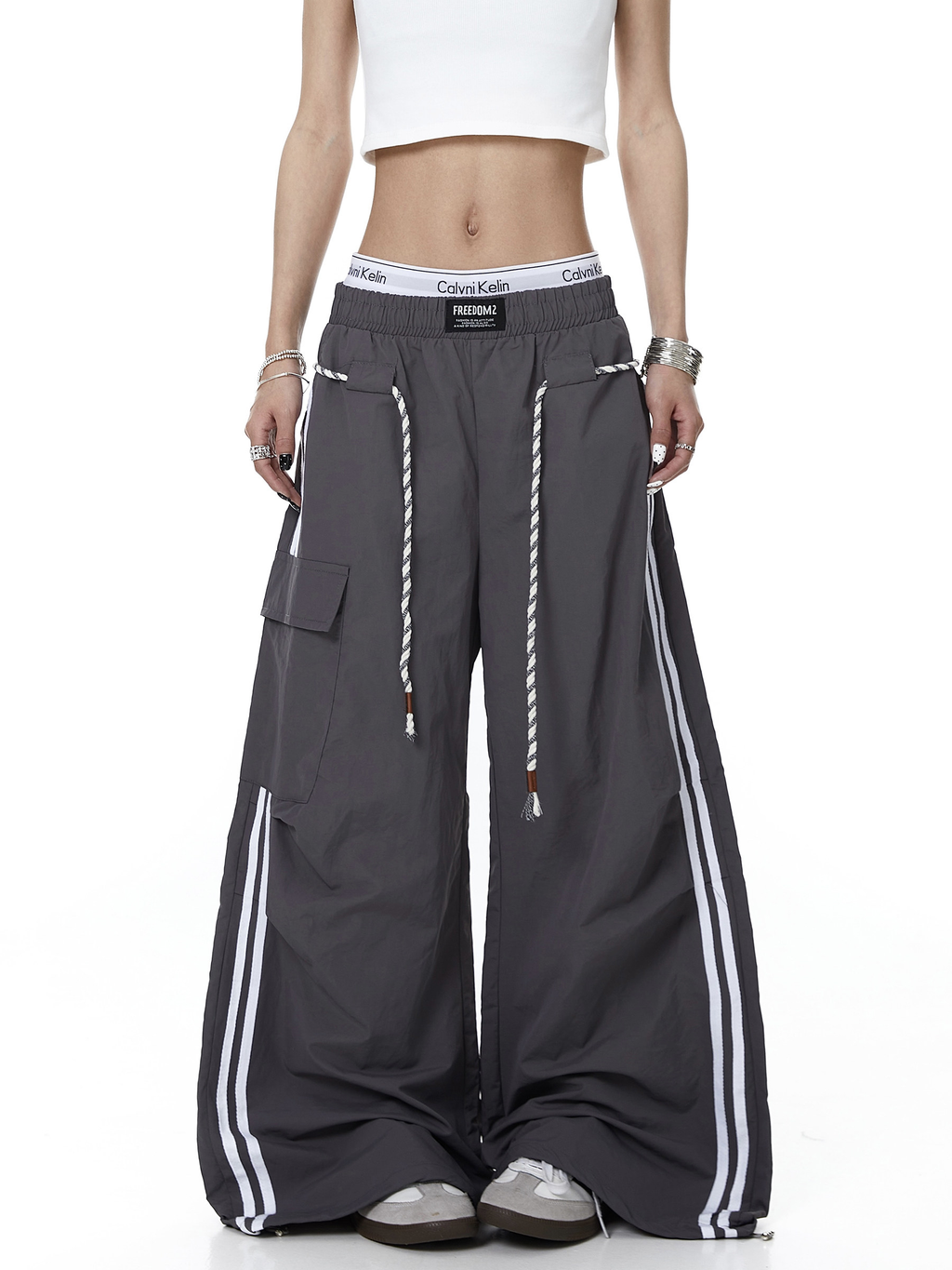 Rope-Waist Contrast Stripe Parachute Cargo Pants