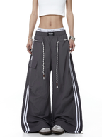 Rope-Waist Contrast Stripe Parachute Cargo Pants