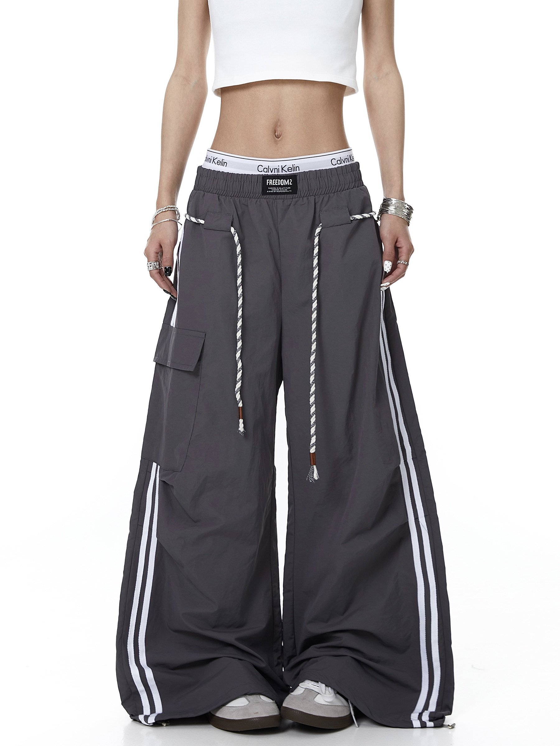 Rope-Waist Contrast Stripe Parachute Cargo Pants