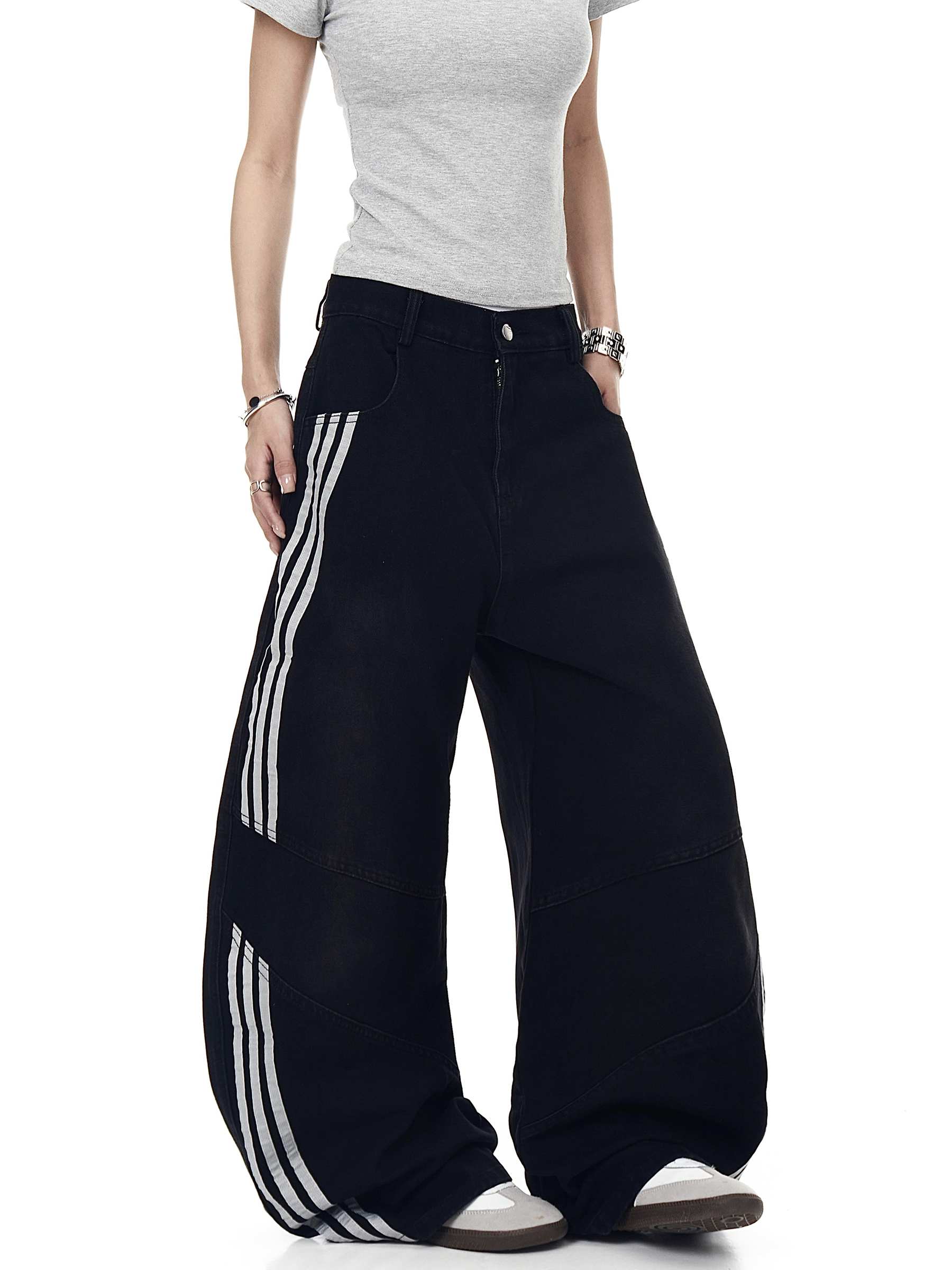 Washed Triple‑Stripe Deconstructed Wide‑Leg Jeans