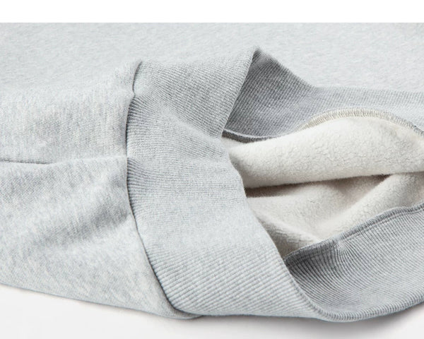 IDLT sweatshirt, heather gray ribbed hem and lining.