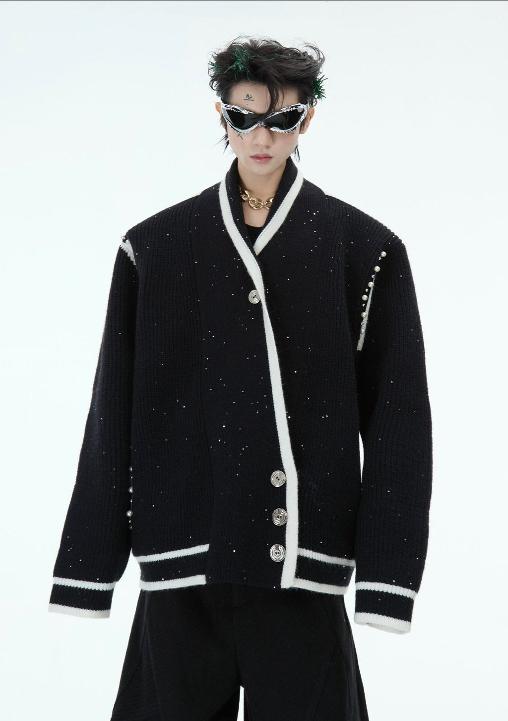 Deconstructed Asymmetrical Placket Sparkle Knit Sweater - COPPING THREADS - ArguE CulturE