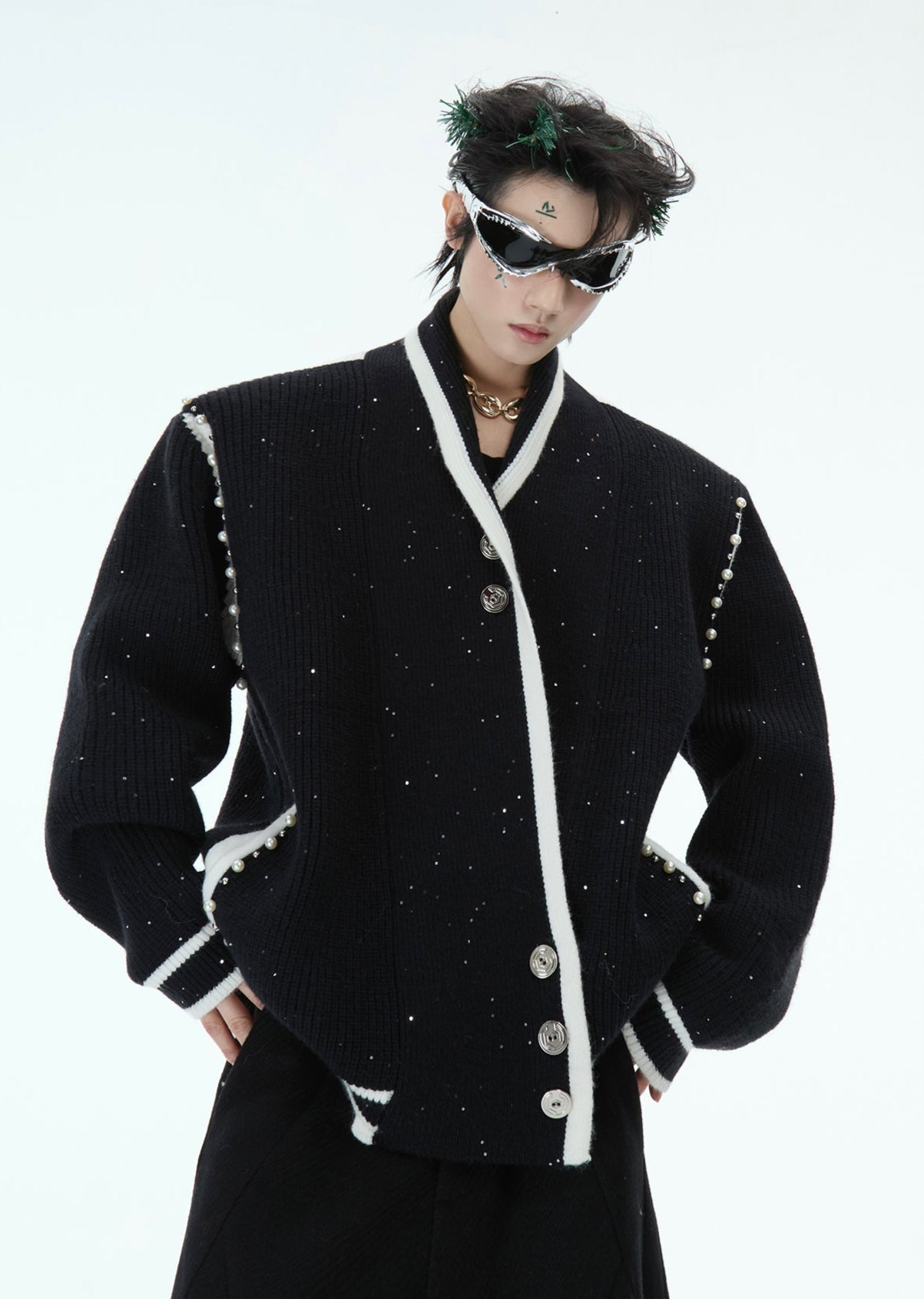 Deconstructed Asymmetrical Placket Sparkle Knit Sweater - COPPING THREADS - ArguE CulturE