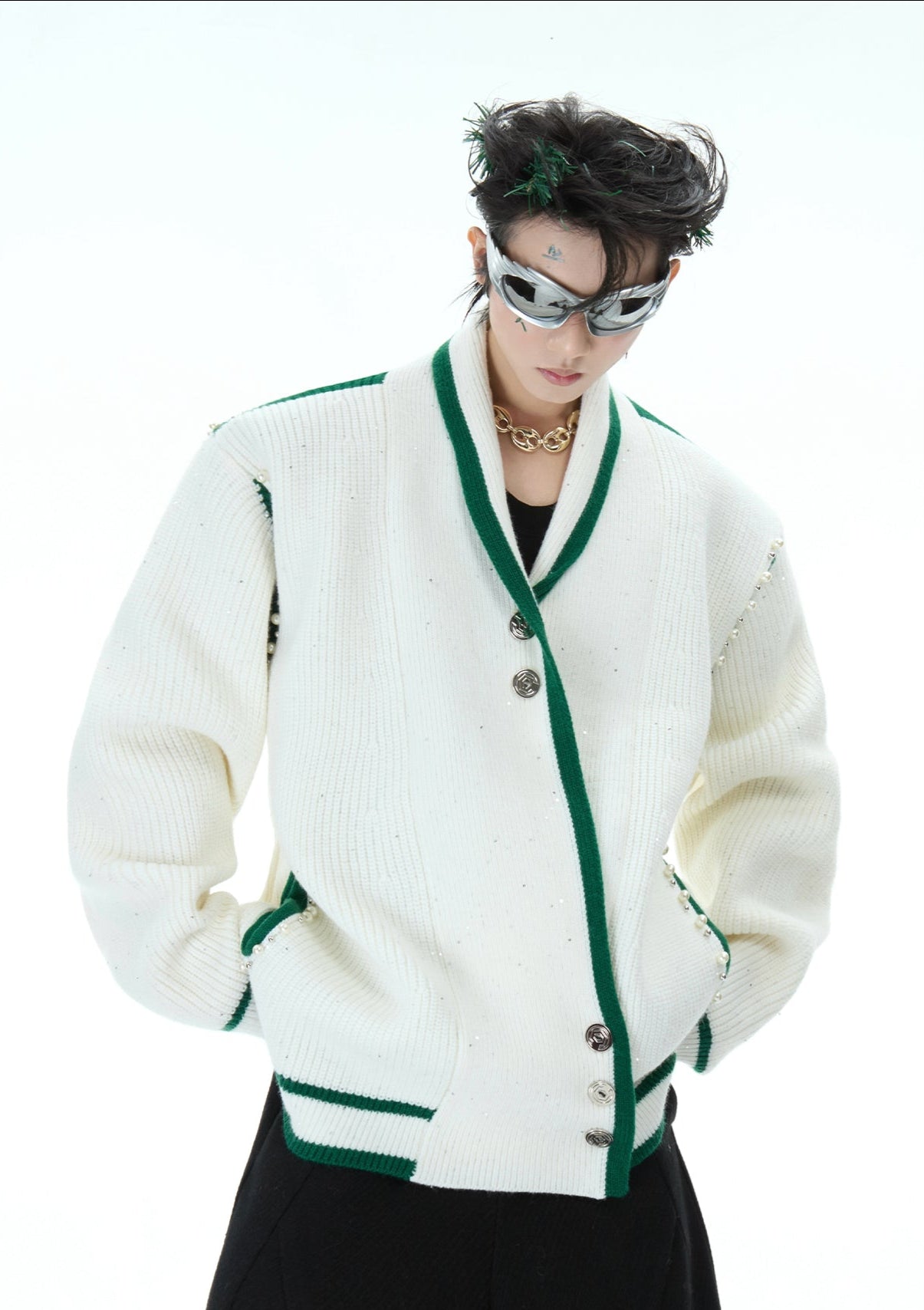 Deconstructed Asymmetrical Placket Sparkle Knit Sweater - COPPING THREADS - ArguE CulturE