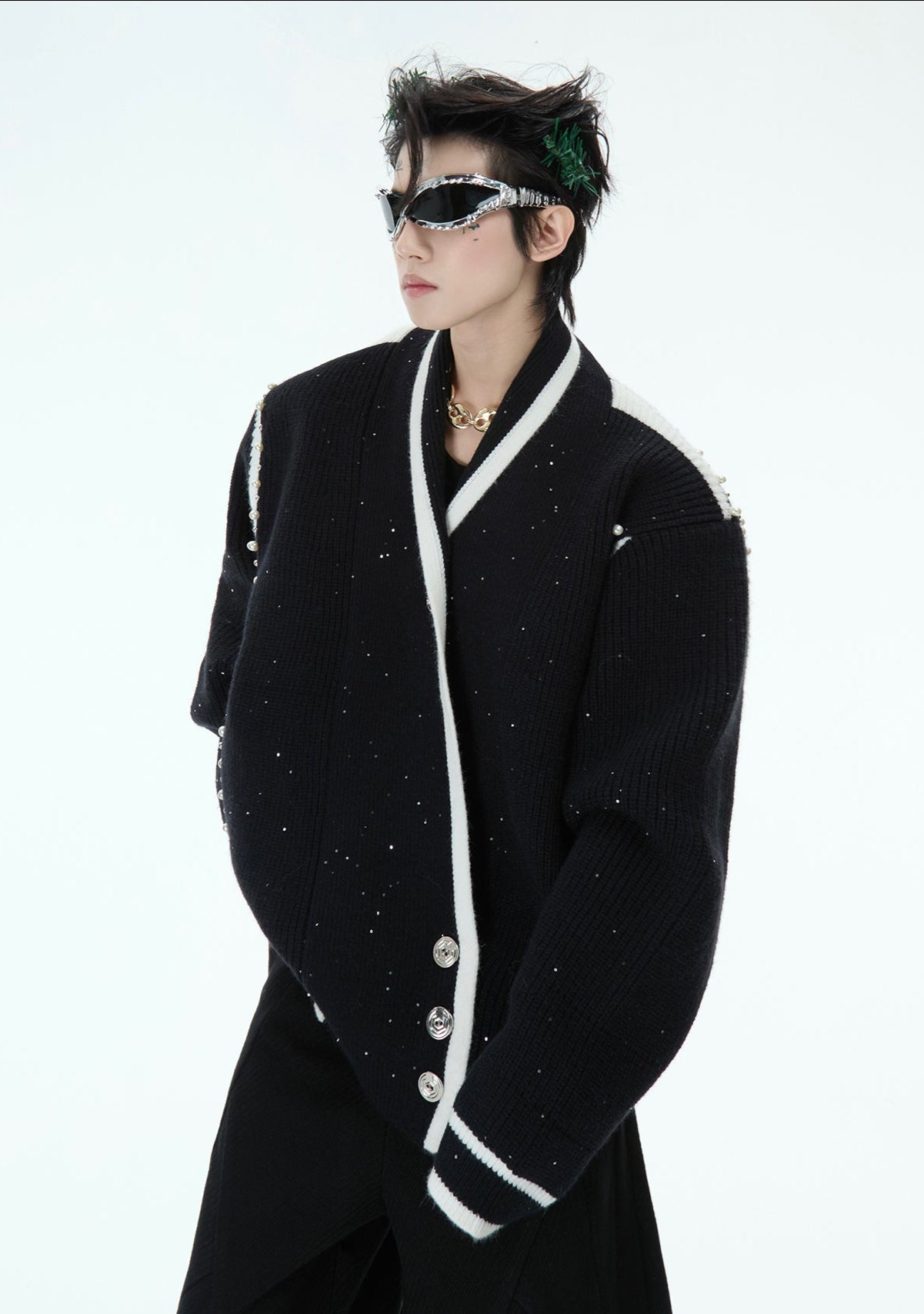 Deconstructed Asymmetrical Placket Sparkle Knit Sweater - COPPING THREADS - ArguE CulturE