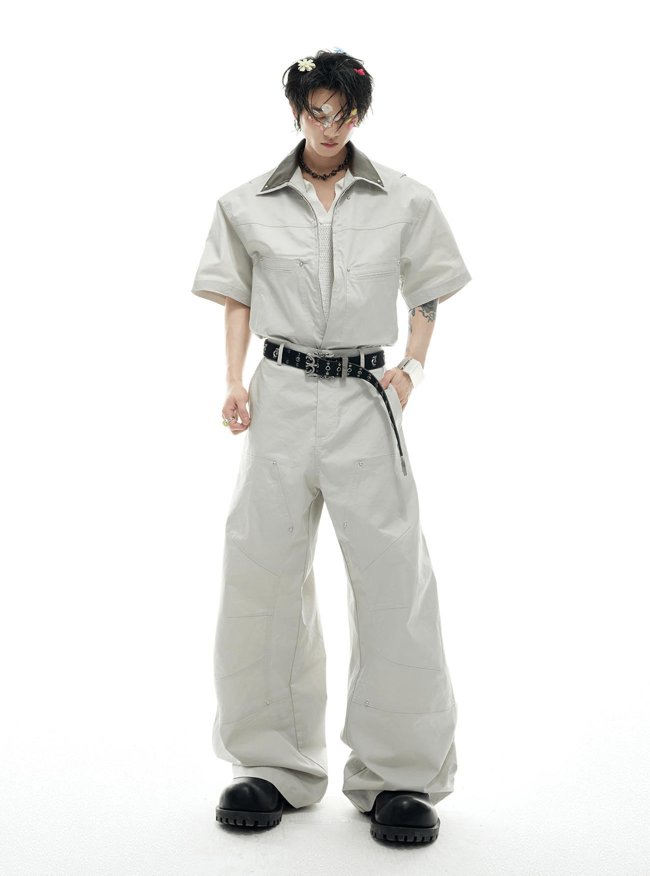 Deconstructed Rivet PU Patchwork Short Sleeve Utility Set - COPPING THREADS - ArguE CulturE