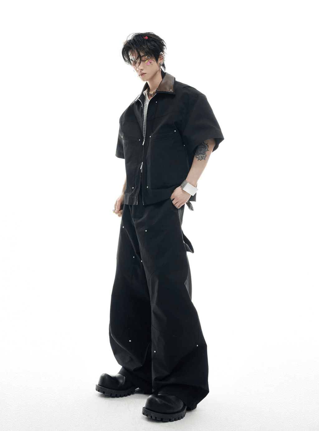 Deconstructed Rivet PU Patchwork Short Sleeve Utility Set - COPPING THREADS - ArguE CulturE