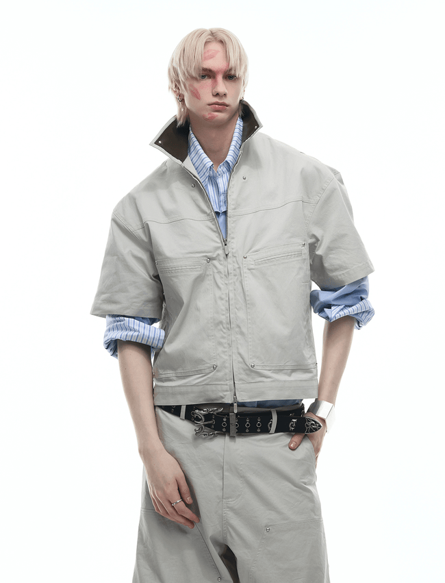 Deconstructed Rivet PU Patchwork Short Sleeve Utility Set Main Image