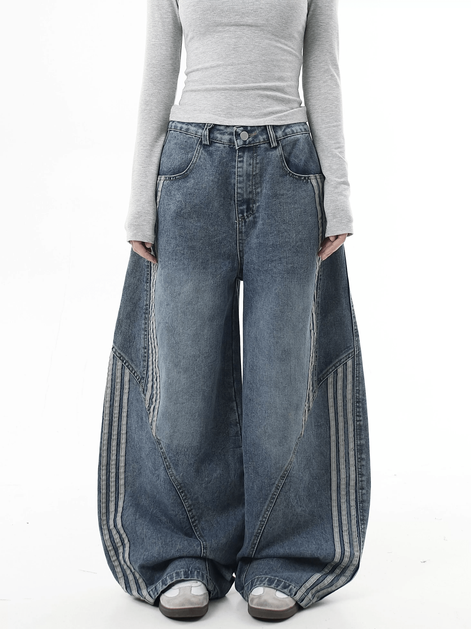 Deconstructed Triple‑Stripe Wide‑Leg Jeans - COPPING THREADS - CT Select Main image