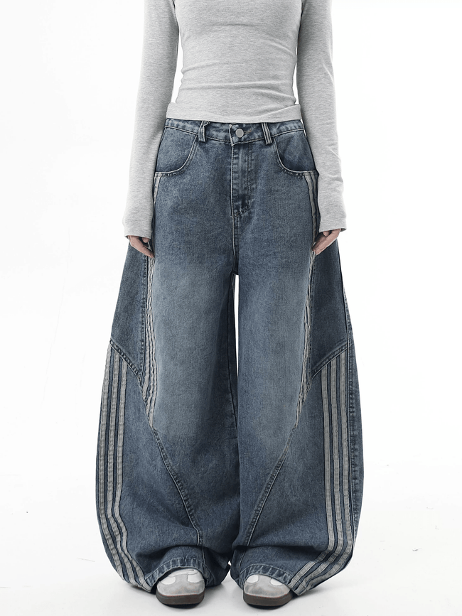Deconstructed Triple‑Stripe Wide‑Leg Jeans - COPPING THREADS - CT Select Hover Image