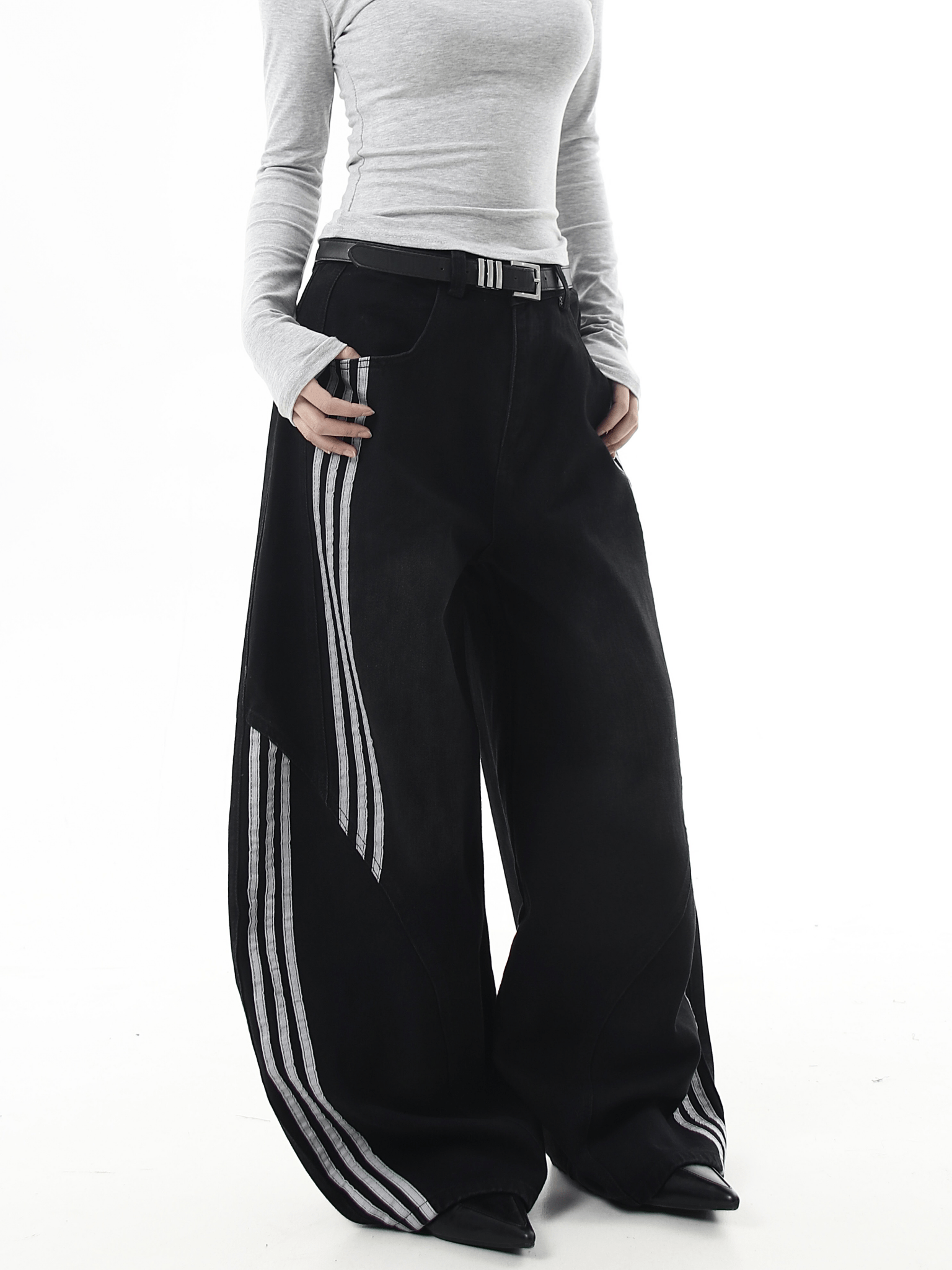 Deconstructed Triple‑Stripe Wide‑Leg Jeans - COPPING THREADS - CT Select