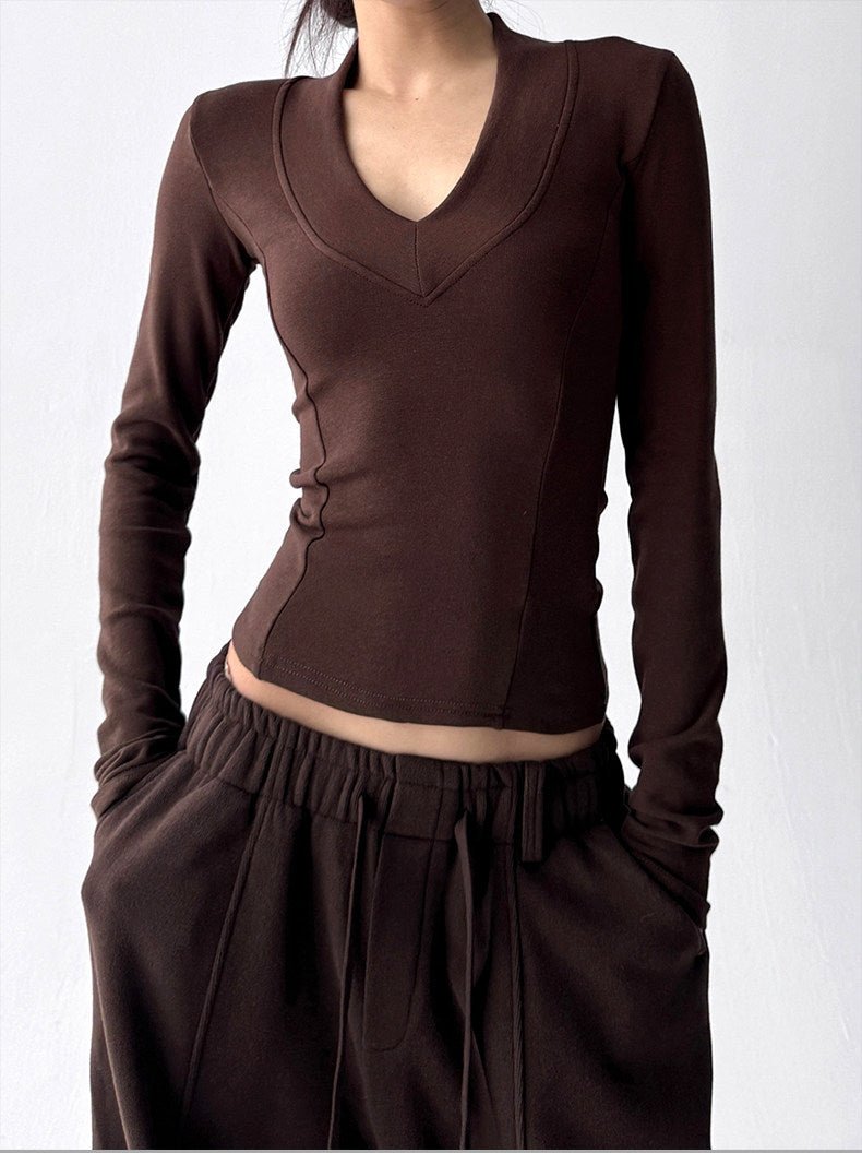 Deep V-Neck Fitted Long-Sleeve Top - CT231152 - COPPING THREADS - CT ORIGINALS