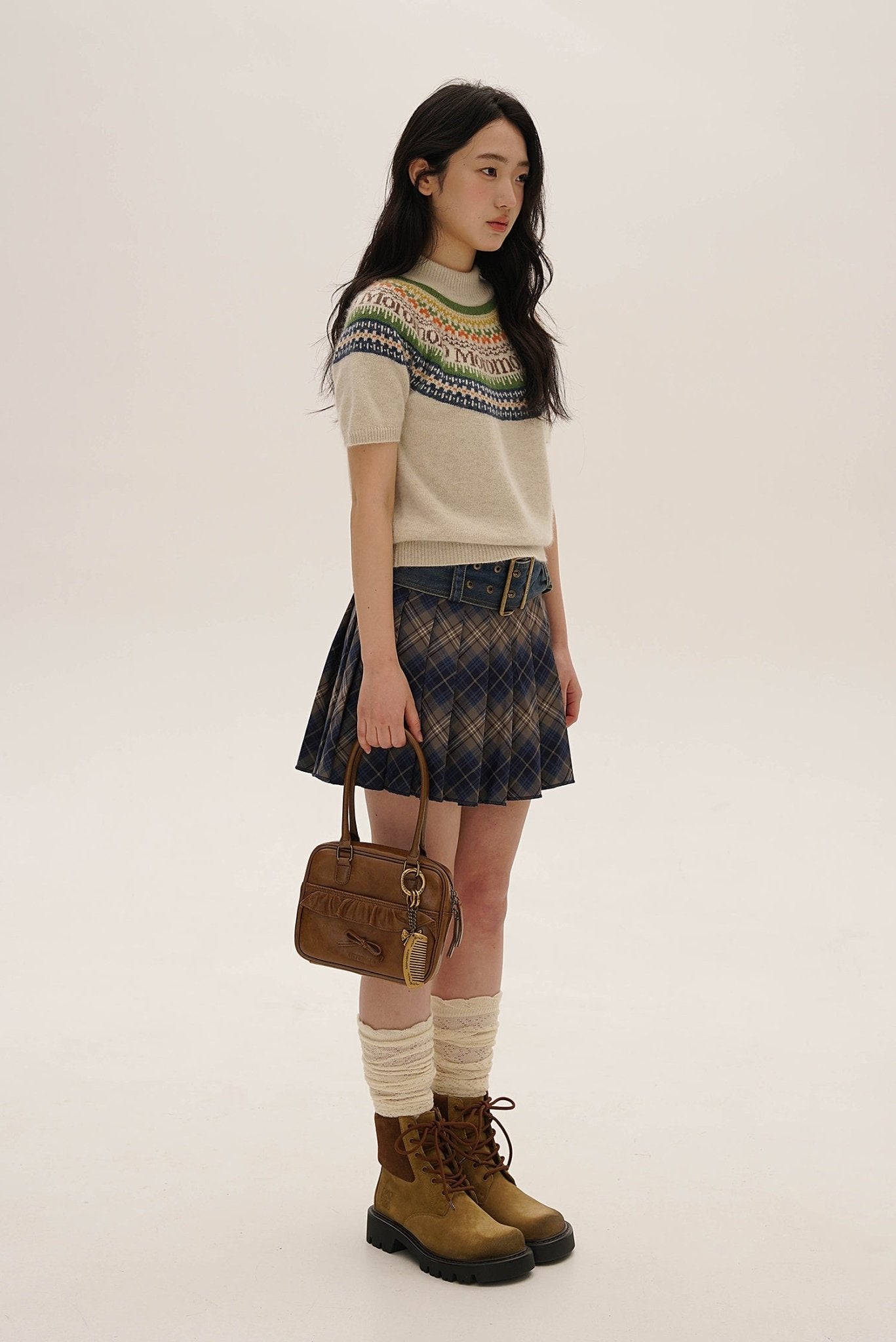 Denim Belted Plaid Pleated Skirt - COPPING THREADS - MOROMORO