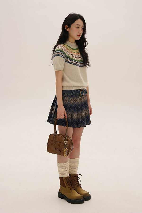 Denim Belted Plaid Pleated Skirt - COPPING THREADS - MOROMORO