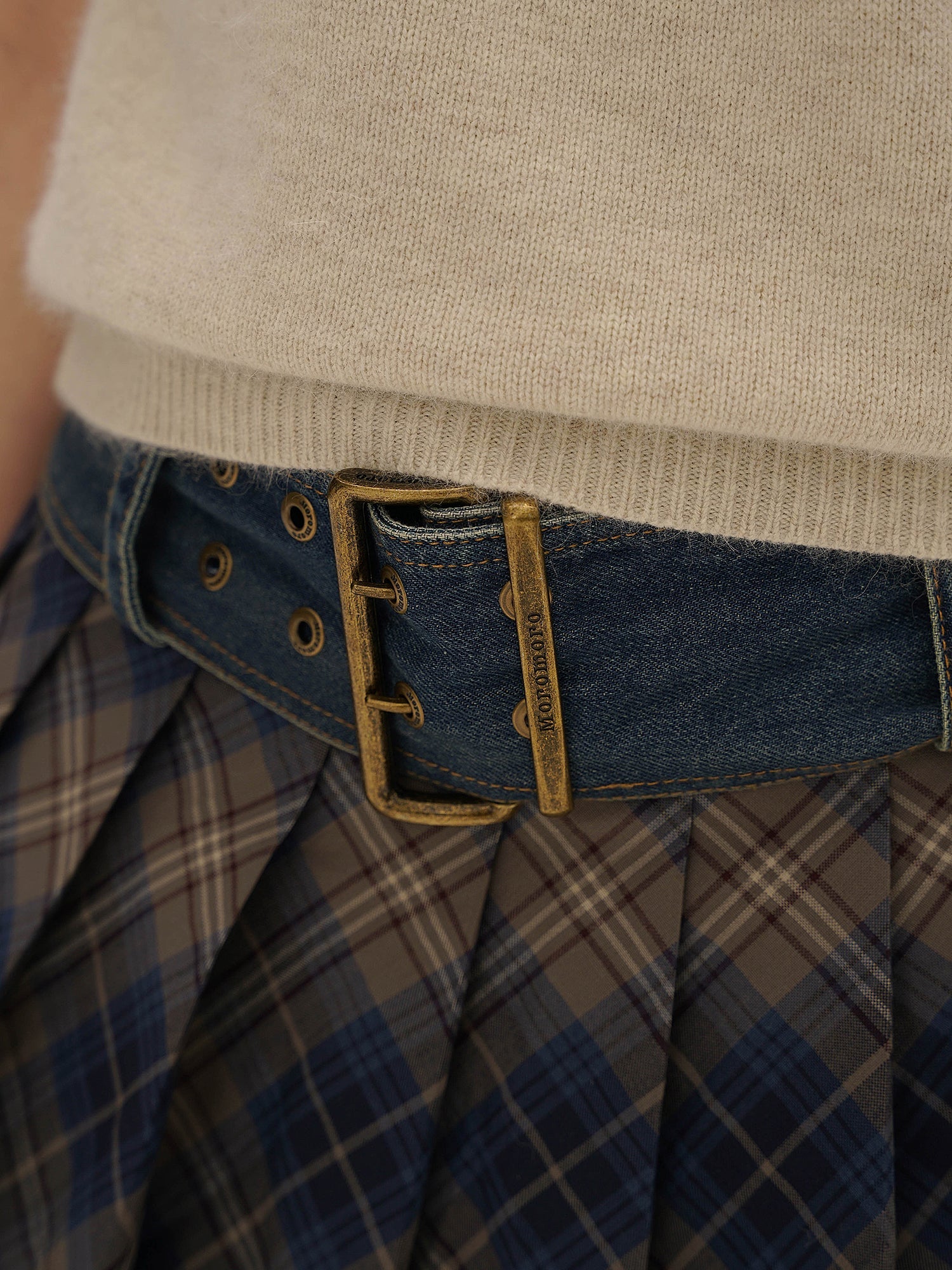 Denim Belted Plaid Pleated Skirt - COPPING THREADS - MOROMORO