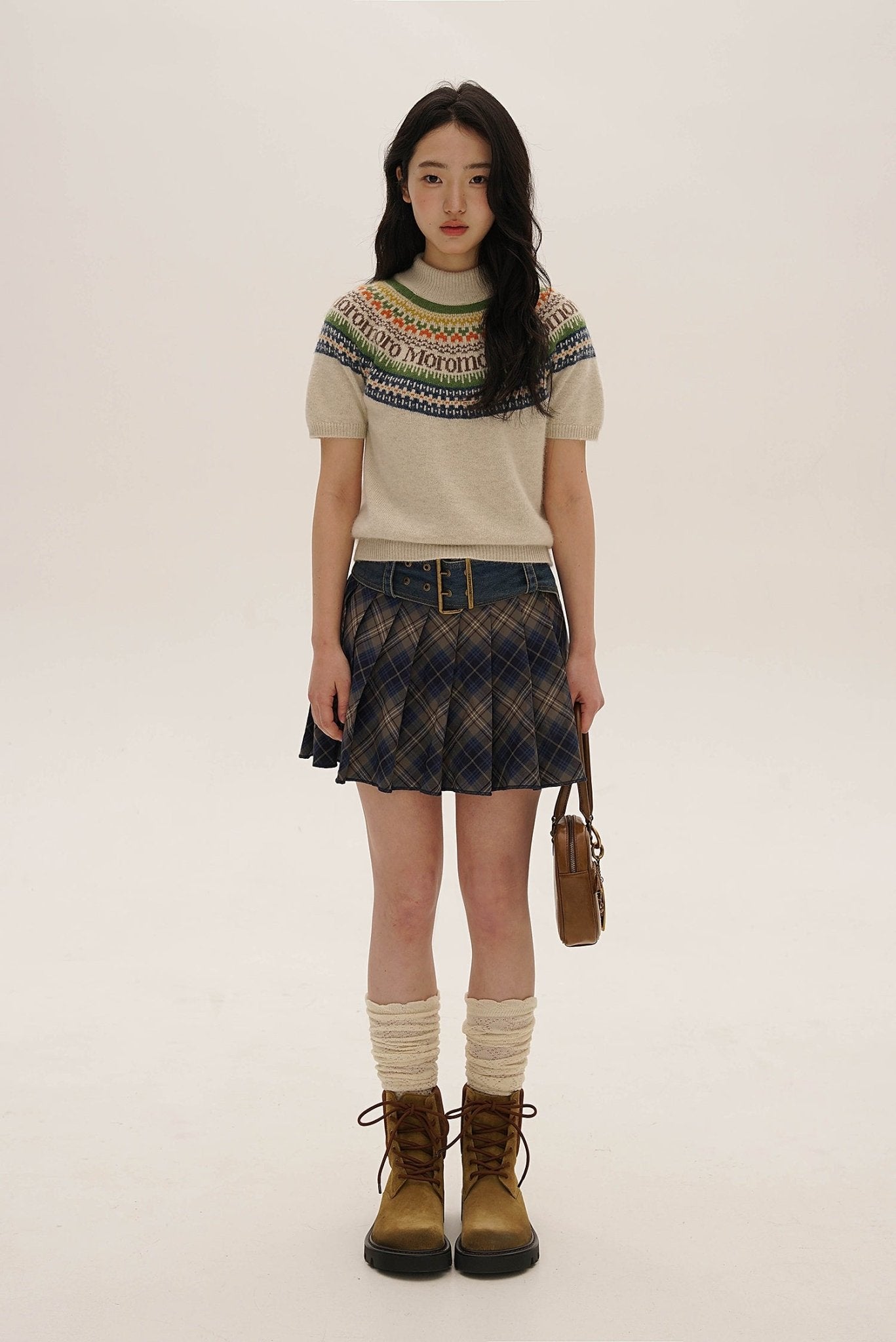 Denim Belted Plaid Pleated Skirt - COPPING THREADS - MOROMORO