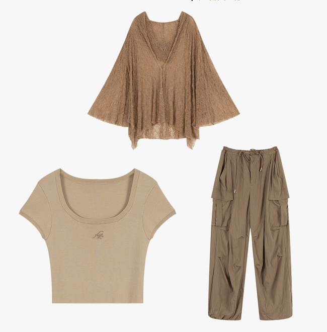 "Desert Nomad" Cropped U-Neck Tee & Wrinkle Texture Parachute Pants Set Main Image