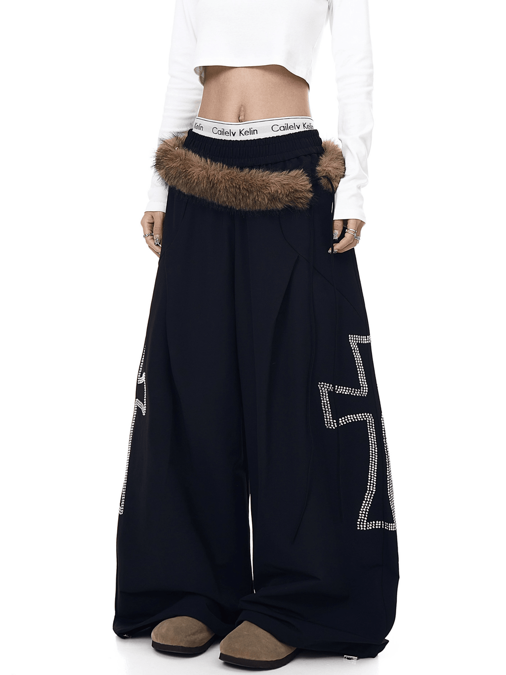 Detachable Fur Trim Rhinestone Wide - Leg Pants - COPPING THREADS - CT Select