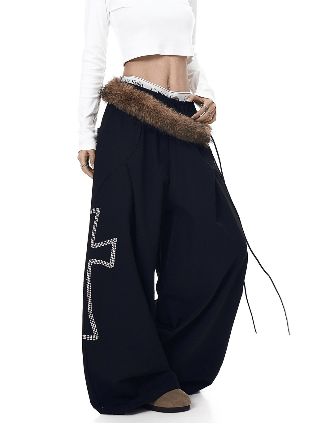 Detachable Fur Trim Rhinestone Wide - Leg Pants - COPPING THREADS - CT Select