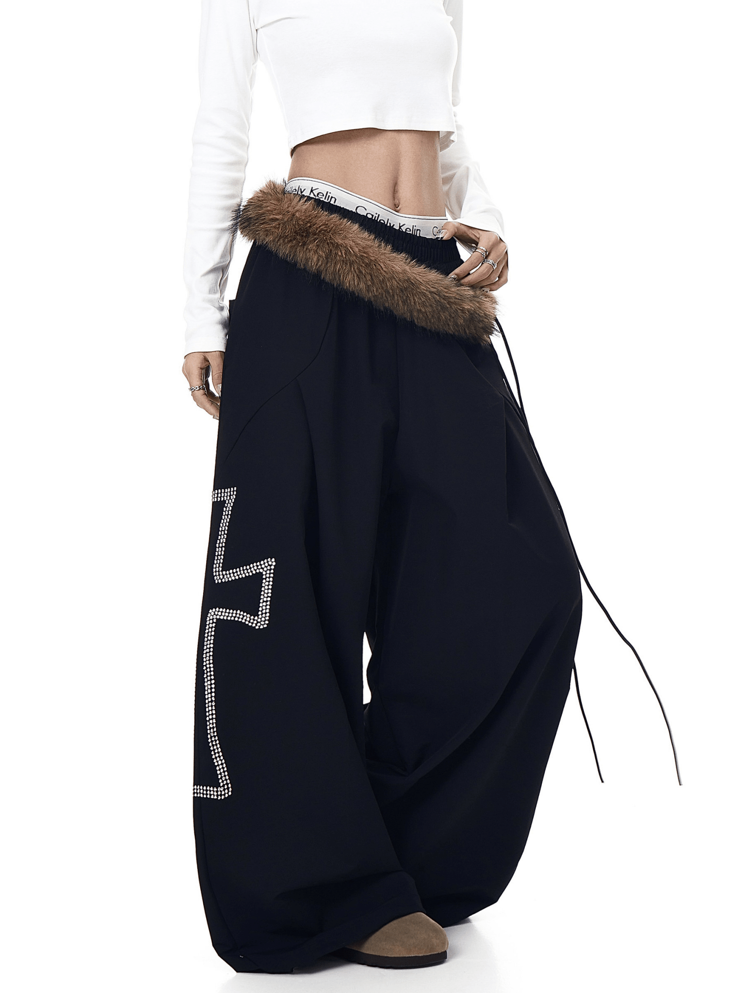 Detachable Fur Trim Rhinestone Wide - Leg Pants - COPPING THREADS - CT Select