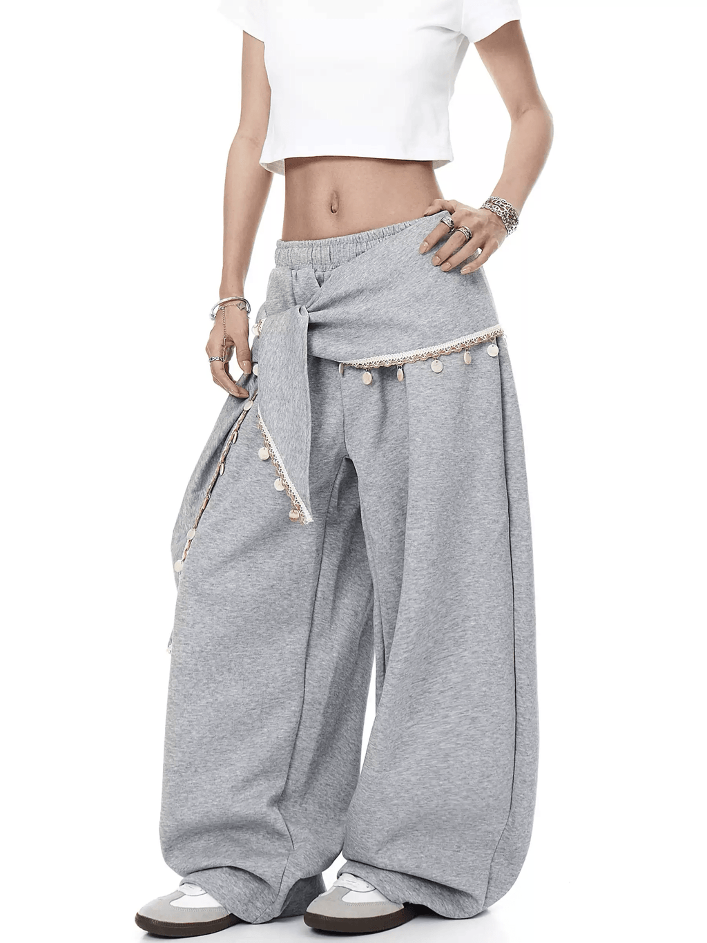 Detachable Lace Sarong Layered Wide - Leg Sweatpants - COPPING THREADS - CT Select