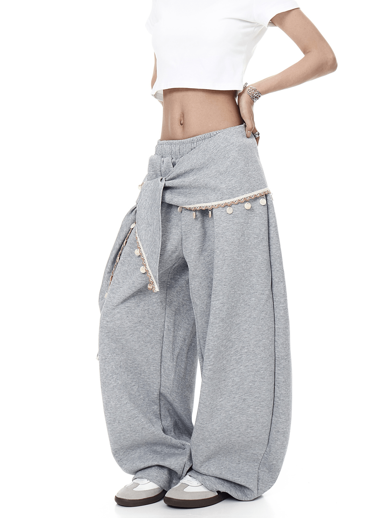 Detachable Lace Sarong Layered Wide - Leg Sweatpants - COPPING THREADS - CT Select