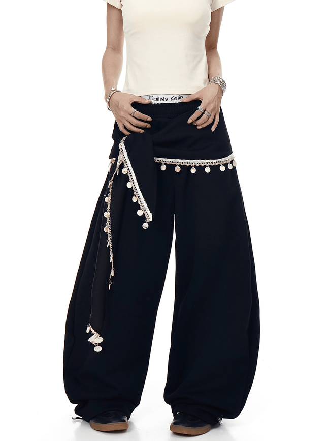 Detachable Lace Sarong Layered Wide - Leg Sweatpants - COPPING THREADS - CT Select Hover Image