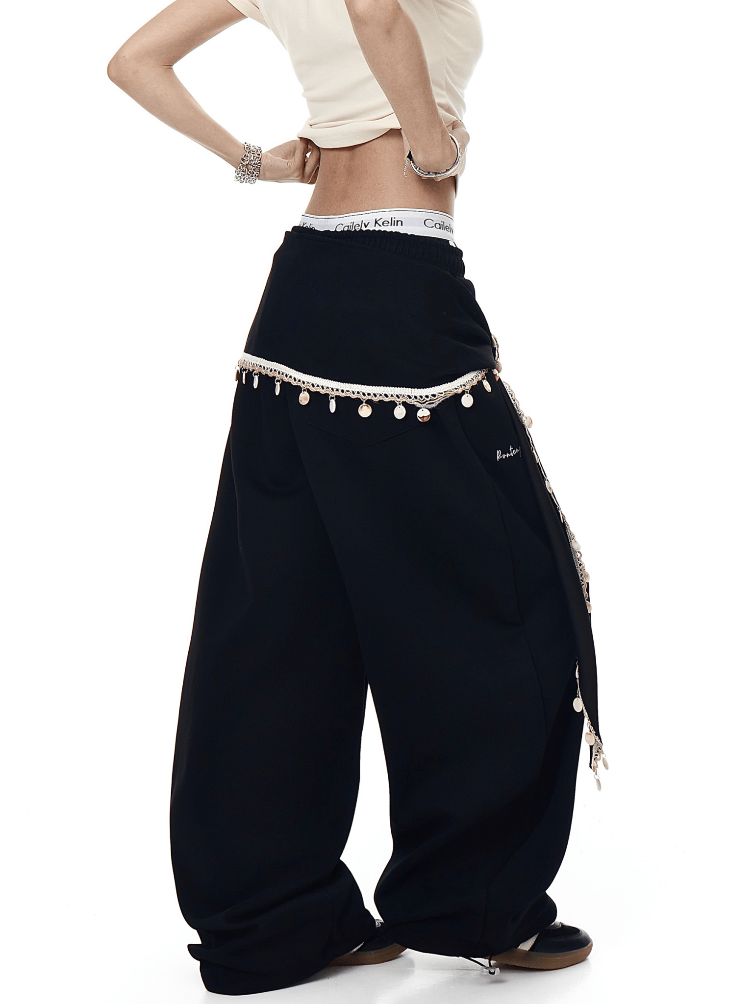 Detachable Lace Sarong Layered Wide - Leg Sweatpants - COPPING THREADS - CT Select