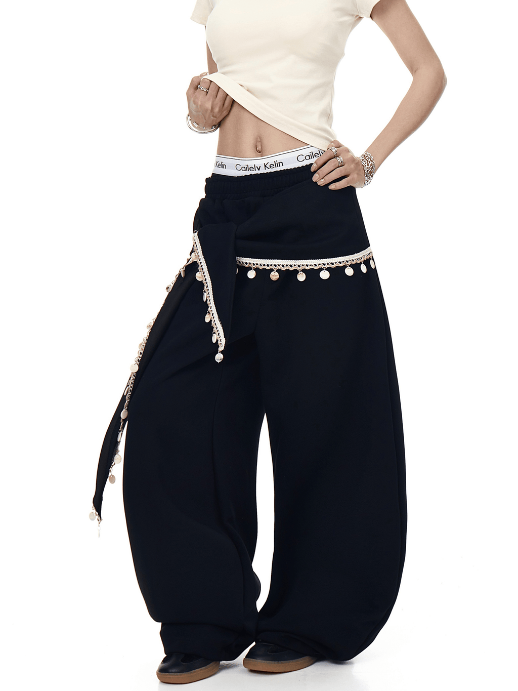 Detachable Lace Sarong Layered Wide - Leg Sweatpants - COPPING THREADS - CT Select