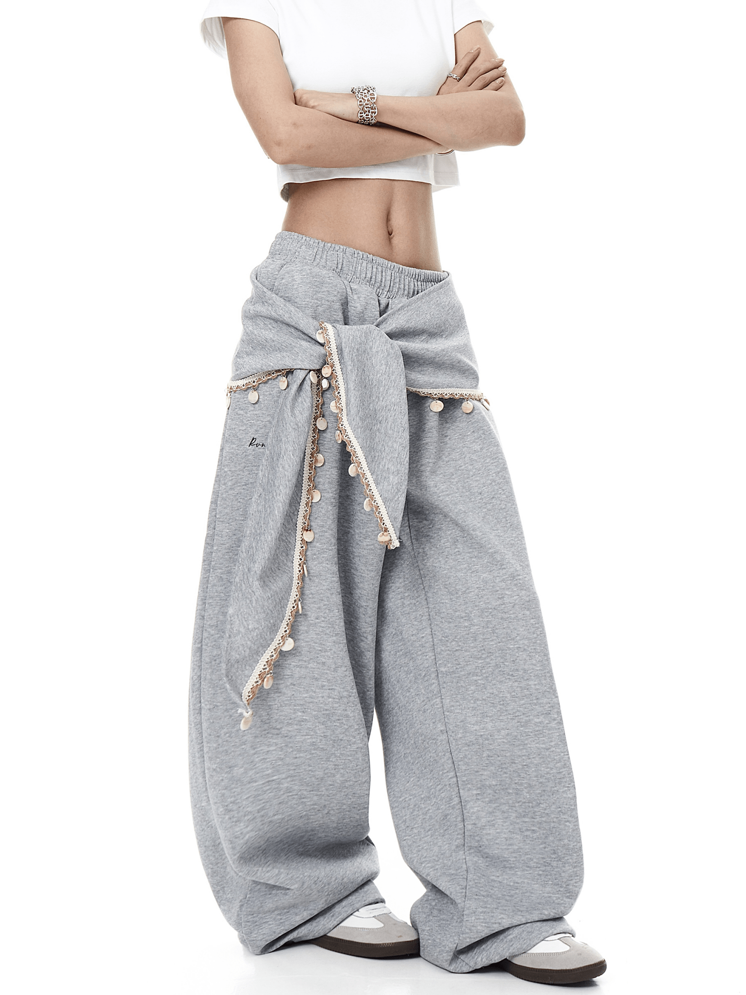 Detachable Lace Sarong Layered Wide - Leg Sweatpants - COPPING THREADS - CT Select