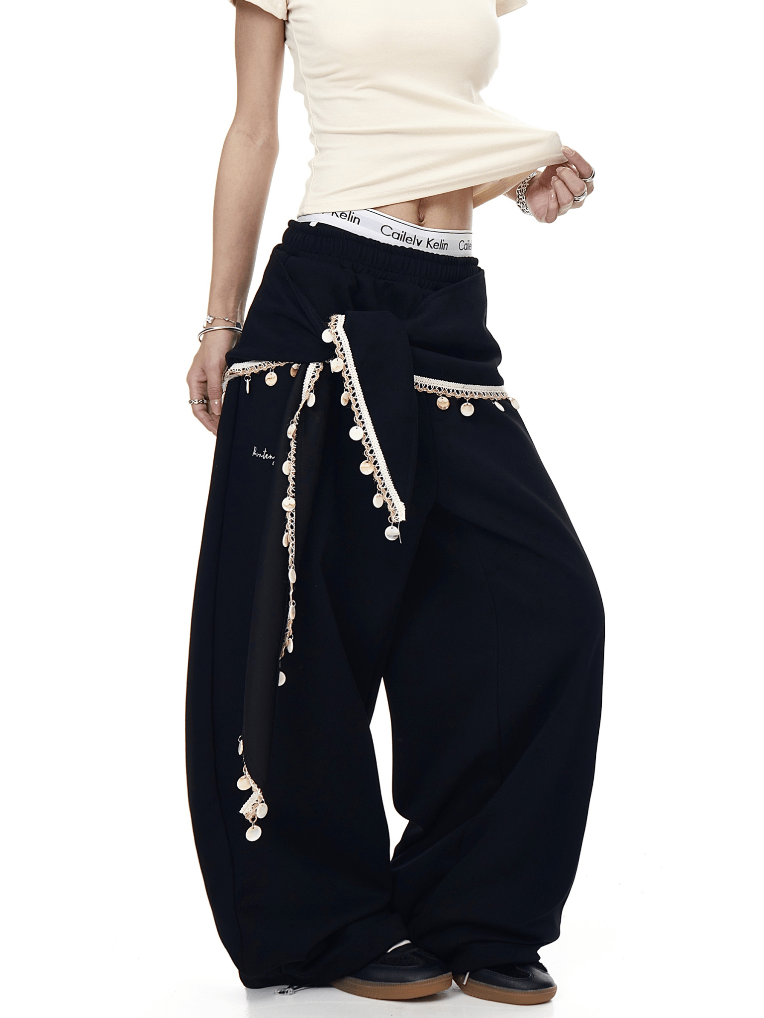 Detachable Lace Sarong Layered Wide - Leg Sweatpants - COPPING THREADS - CT Select