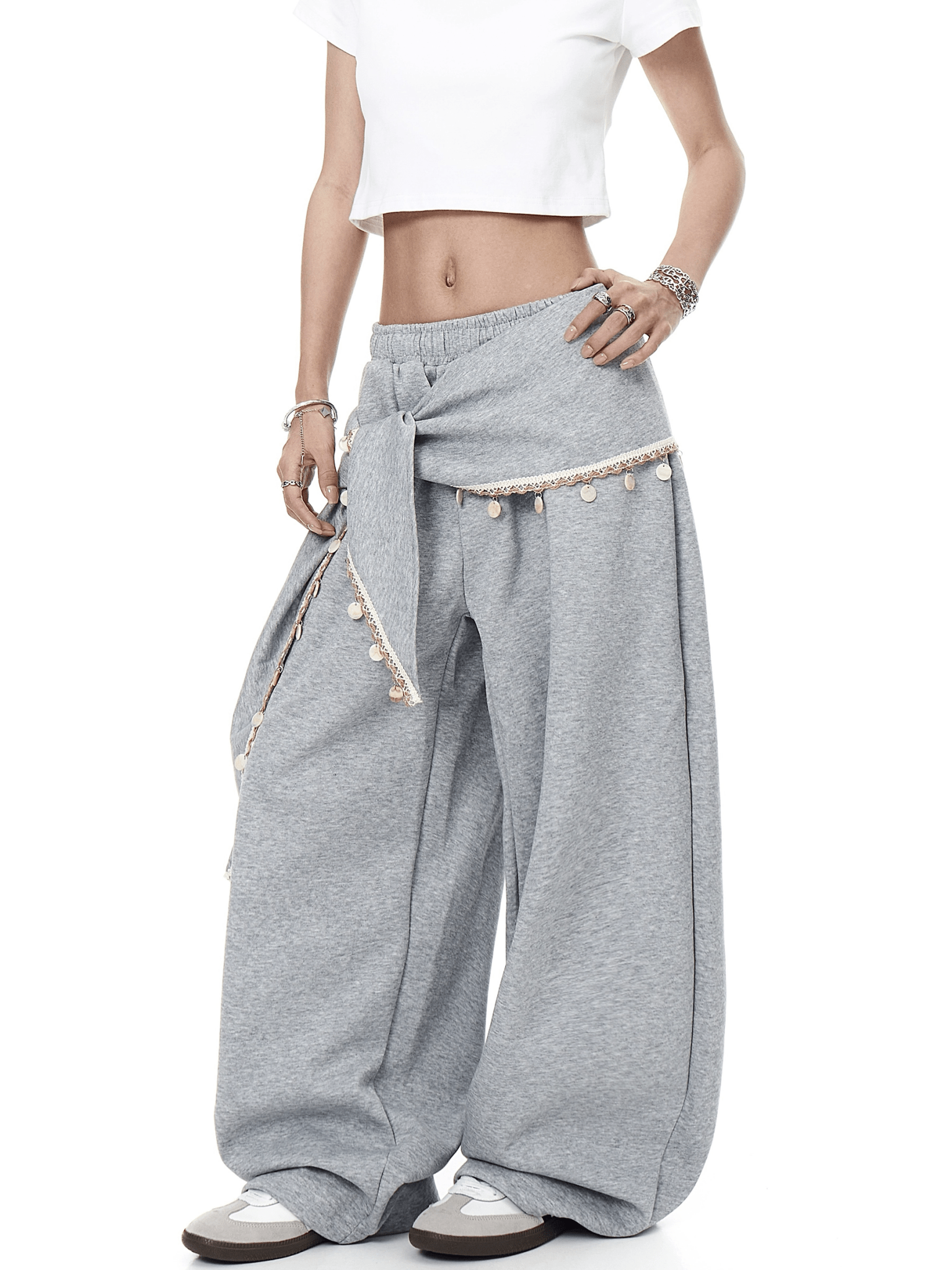 Detachable Lace Sarong Layered Wide - Leg Sweatpants - COPPING THREADS - CT Select