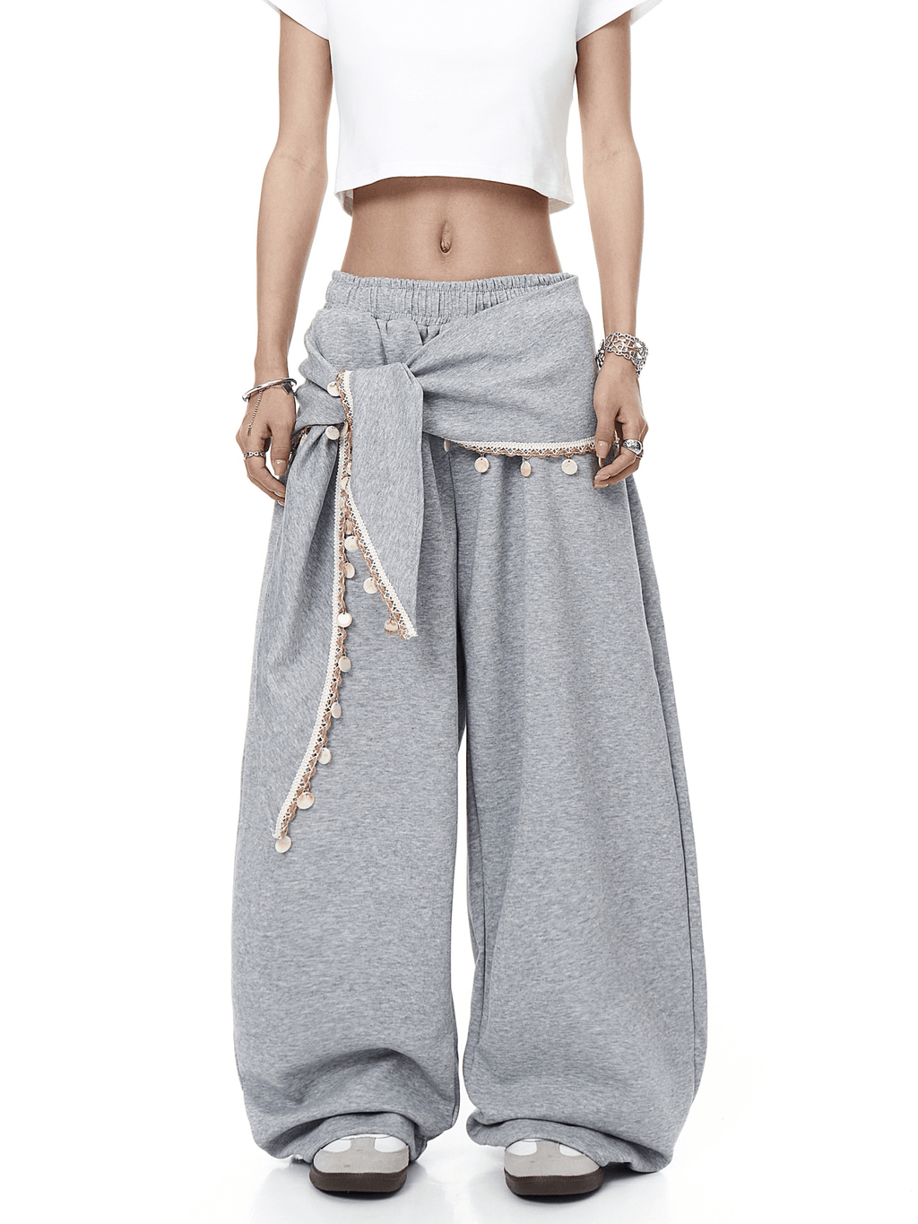 Detachable Lace Sarong Layered Wide - Leg Sweatpants - COPPING THREADS - CT Select