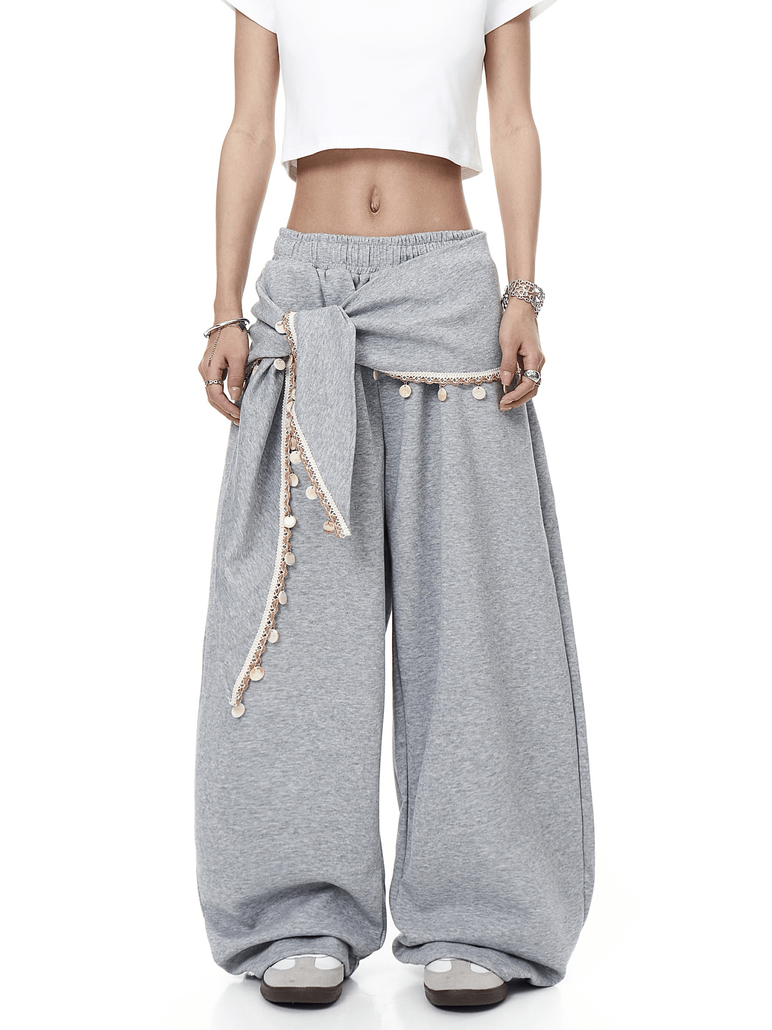 Detachable Lace Sarong Layered Wide - Leg Sweatpants - COPPING THREADS - CT Select